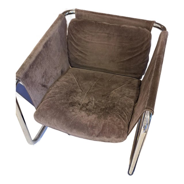 Vintage Chrome Cantilever / Sling Grey Leather Lounge Chair — Late 20th Century For Sale