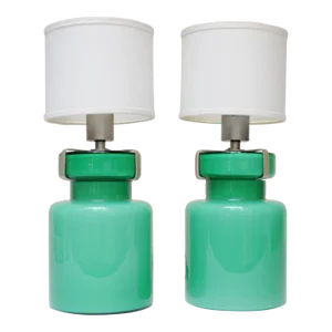 Pair of Mid-Century Green Blown Cased Glass Table Lamps After Luciano Vistosi