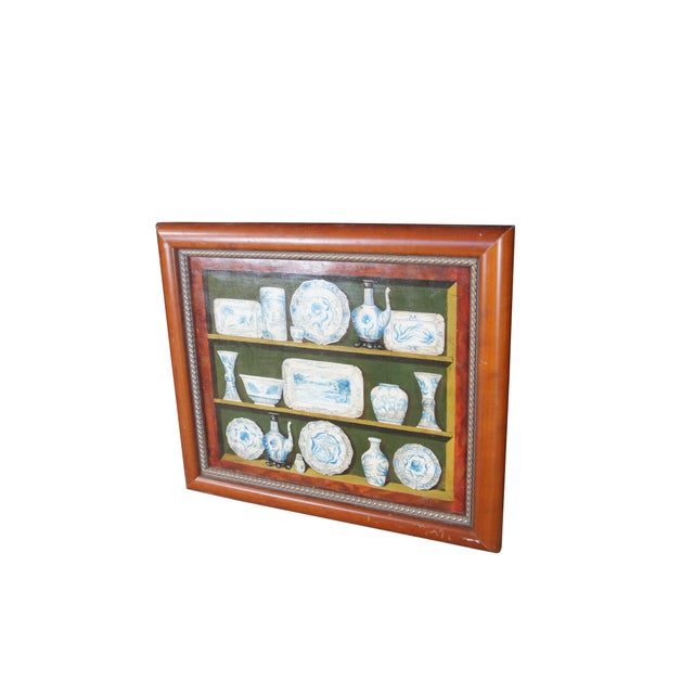 Late 20th century still life oil painting on canvas depicting a farmhouse hutch / cabinet containing a collection of blue...