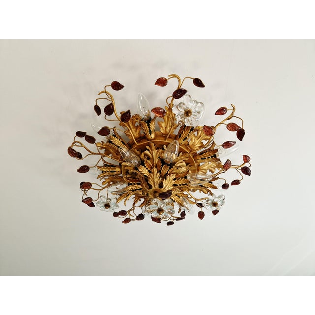 Mid-Century Modern Large Floral Ceiling Light in Brass and Crystal by Banci Firenze, Italy, 1970s For Sale - Image 3 of 14