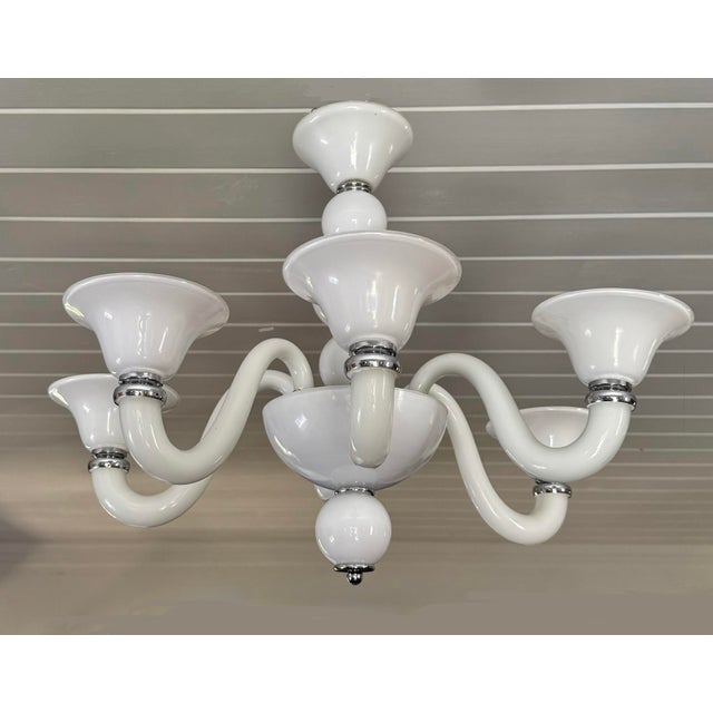 Italian Murano glass 6 light chandelier with chrome accent and white glass