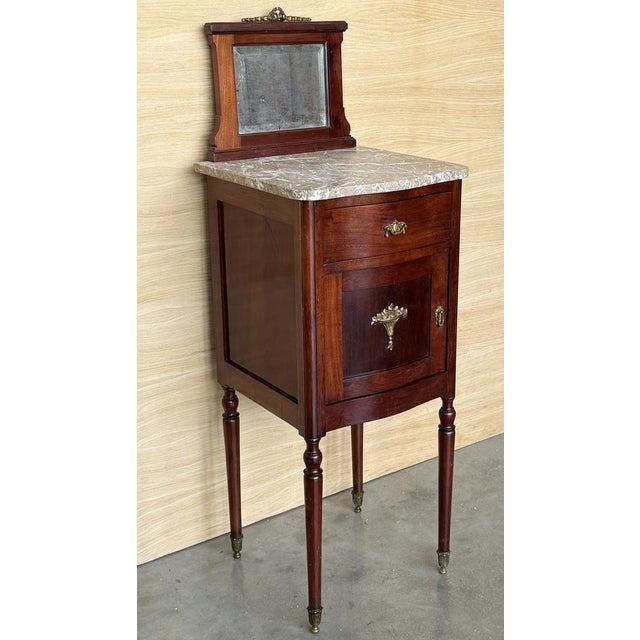 Art Nouveau Mahogany Nightstands with Crest Marble Top, 1900s, Set of 2 For Sale - Image 3 of 11