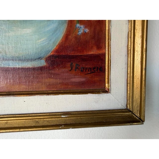 1980s Vintage J. Romero Floral Still Life Oil on Artist Board Painting, Gold Wood Framed For Sale - Image 11 of 13