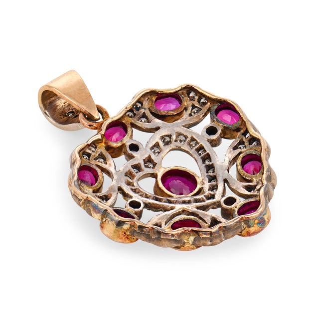 1950s Mid Century 4.00 Carat Ruby Diamond 18k Yellow Gold and Silver Pendant For Sale - Image 5 of 5