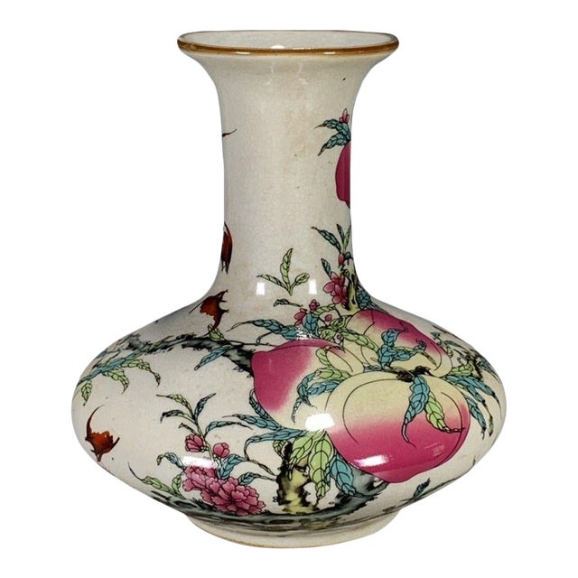 Vintage Chinese Crackle Glaze Famille Rose "Peaches & Bats" Vase With Poem For Sale