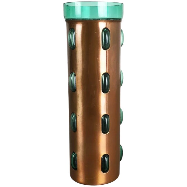Cylindrical Vase in Green Glass and Copper by Nanny Still for Raak, 1970s For Sale