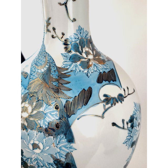 Huge Lamp Pair Blue & Metallic Gold Hand Painted Peacocks 1960s Kutani For Sale - Image 12 of 18