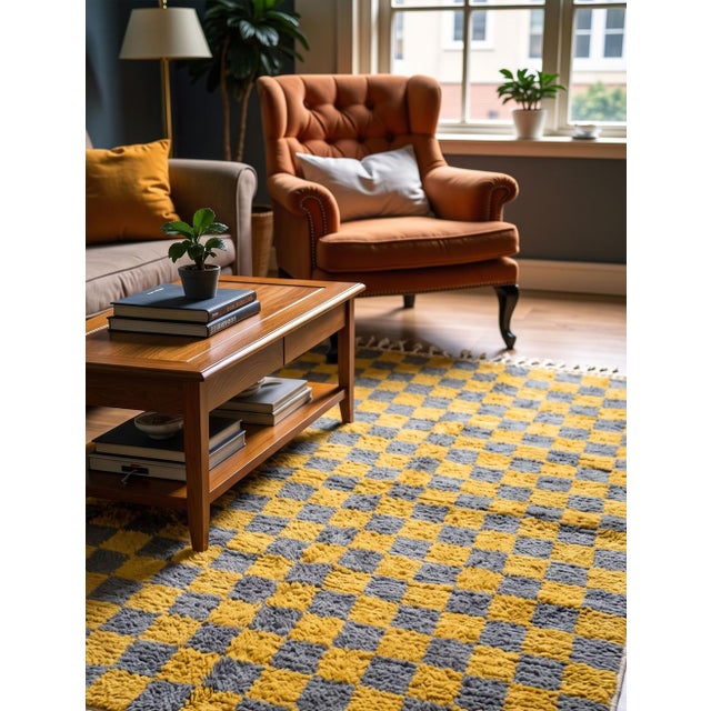 Modern Boujad Rug | Handwoven Wool Checkerboard Rug in Mustard Yellow & Grey This graphic modern Boujad rug reimagines...