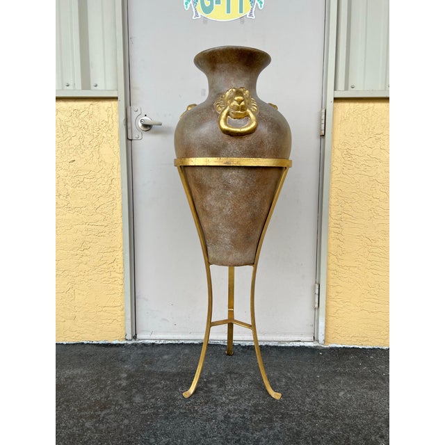 Vintage Floor Amphora Urn Vase 52” With Lionhead Ring Handles &Tripod Stand For Sale - Image 4 of 8