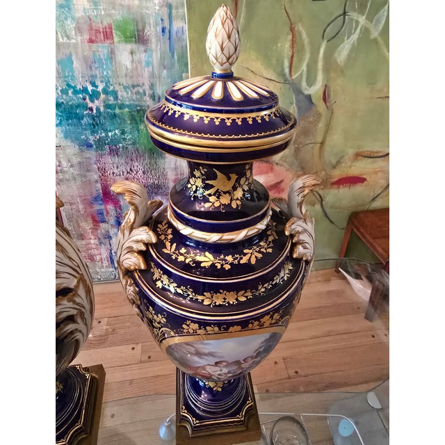 Antique Cobalt Blue Porcelain Pr Urns Attributed to Sevres For Sale - Image 9 of 17
