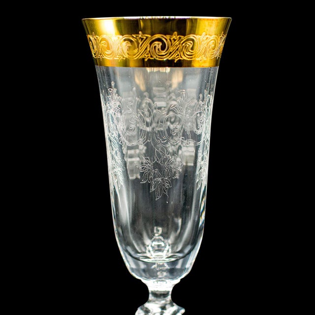 Glass Set of 12 Vintage Champagne Flutes, Continental, Wine Glass, Gold Leaf, c.1980 For Sale - Image 7 of 10