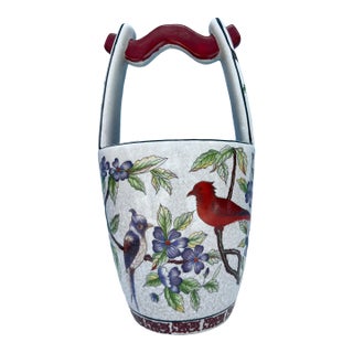 Chinoiserie Bird & Floral Porcelain Water Bucket Basket Vase / Ice Bucket For Sale