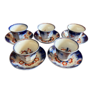 Antique Gaudy Welsh Crescent Pinwheel Flow Blue Cups & Saucers, Set of 5, Circa 1840s