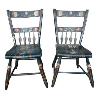 A Fine Pair of Folk Art Paint Decorated Pennsylvania Farmhouse Kitchen Windsor Chairs, Circa 1820's For Sale