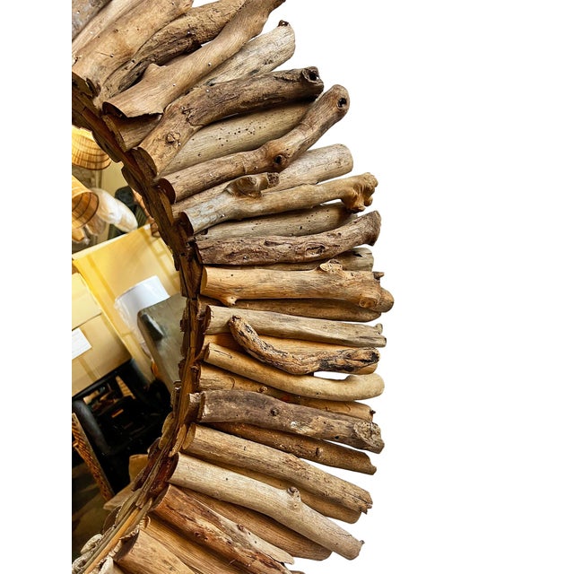 Coastal Vintage Large Driftwood Sun Wall Mirror For Sale - Image 3 of 3
