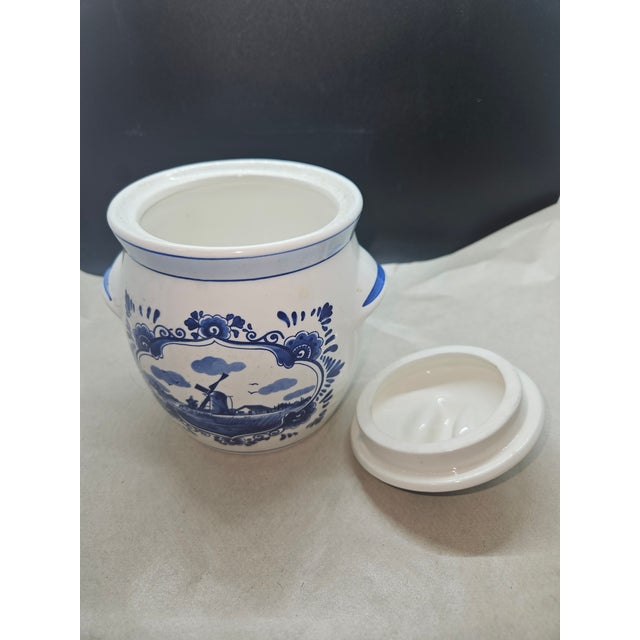 VTG Handpainted Delft Blue-Holland Jar Windmill With Lid 4.75” H For Sale - Image 4 of 5