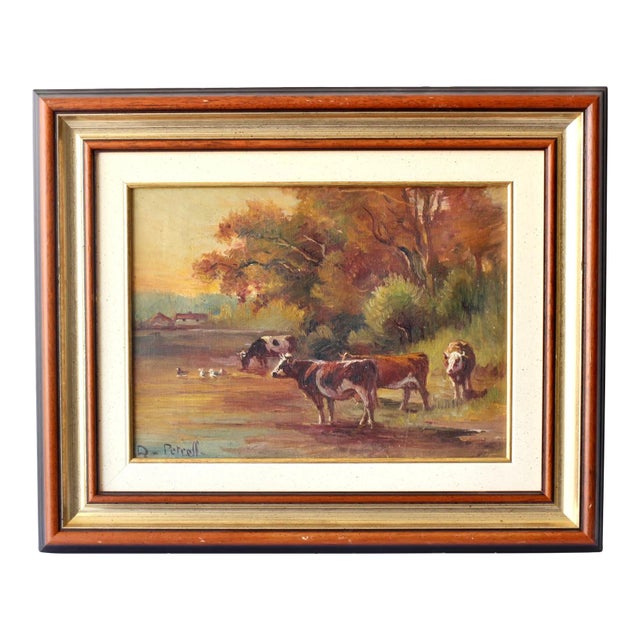French Pastoral Landscape W/ Cows Oil Painting, Dated 1931 For Sale