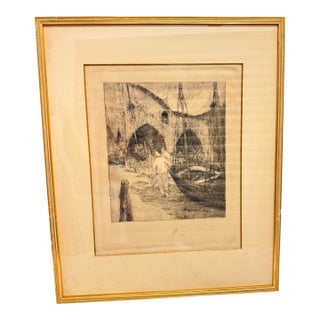 Vintage European Harbor Scene Etching in Gilt Frame For Sale