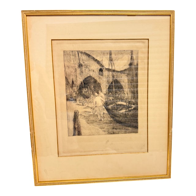 Vintage European Harbor Scene Etching in Gilt Frame For Sale