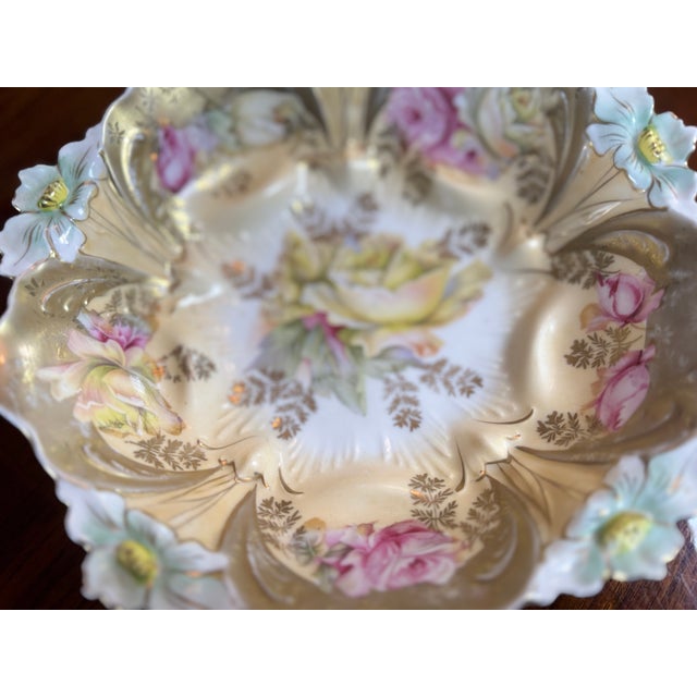Antique Porcelain Molded Floral Bowl Heavy Gold Gilt Ornate C1910 Orchids Roses For Sale - Image 11 of 17
