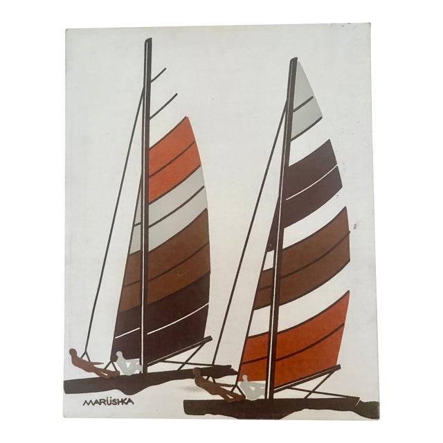 Vintage Marushka Sailboat Print on Stretched Linen Wall Hanging For Sale