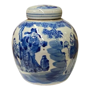Chinese Oriental Small Blue White Porcelain 3 Gods Theme Ginger Jar