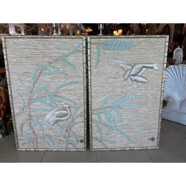 Don Freedman Pair Wall Tapestry Framed Bamboo Woven Textile Silk Art Birds For Sale - Image 9 of 12