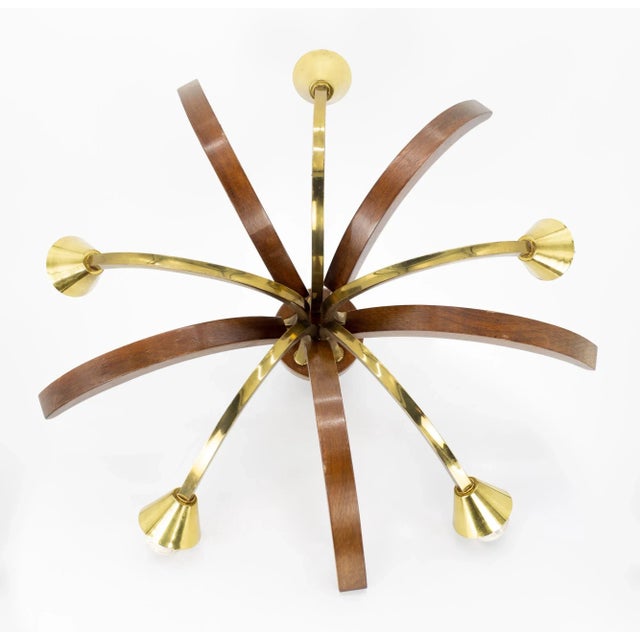 Max Sauze Lightolier Brass & Walnut Mid Century Chandelier For Sale - Image 9 of 12