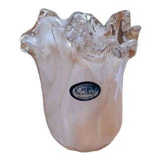 Vintage Murano Handmade Italy Glass Bowl Vase Cream Peach Swirl For Sale