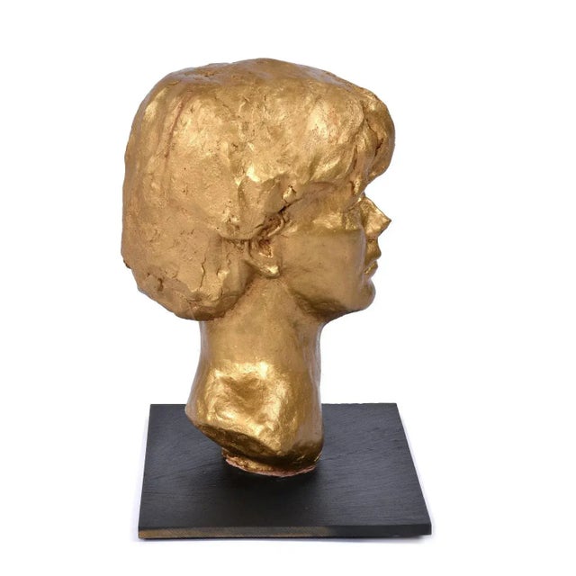 Sendelbach Signed Gold Painted Clay Bust of Young Boy on Slate Base For Sale - Image 6 of 12