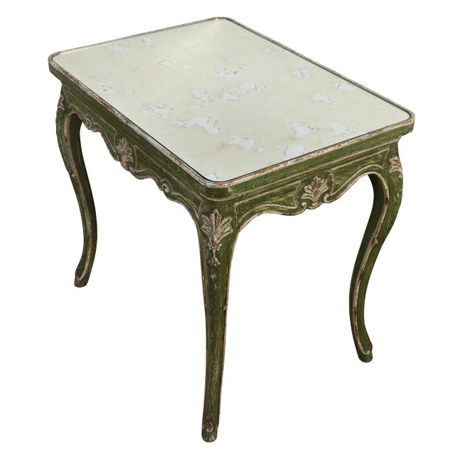 Elegant and petite antiqued mirrored side table with a beautifully distressed painted finish in deep olive green and...