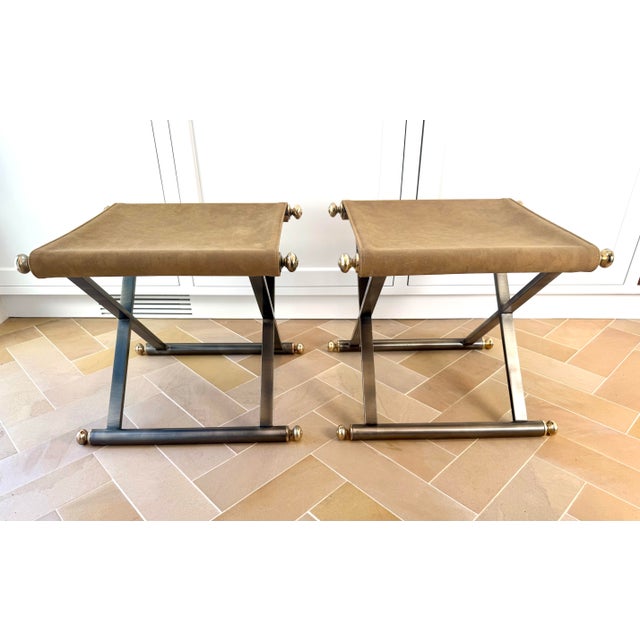 Late 20th Century Pair of Late 20th Century Maison Jansen Style Brushed Steel, Brass and Nubuck Leather X-Frame Stools For Sale - Image 5 of 9