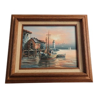 Vintage Original Oil Painting Harbor Scene With Lighthouse. Signed by Max Savy For Sale