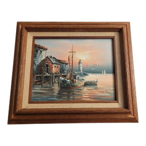 Vintage Original Oil Painting Harbor Scene With Lighthouse. Signed by Max Savy