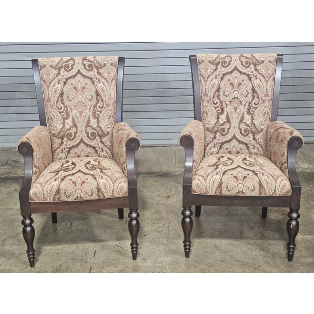 Traditional Late 20th Century Pair of Paisley Upholstered Coffee Color Stain Armchair Made by Country Hill, Millersburg Ohio For Sale - Image 3 of 12