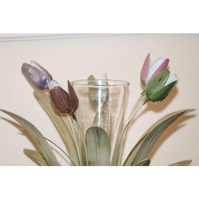 Shabby Chic Rare, Vintage Italian Tole Metal Tulip Vase, W/ Center Glass Vase Insert For Sale - Image 3 of 7