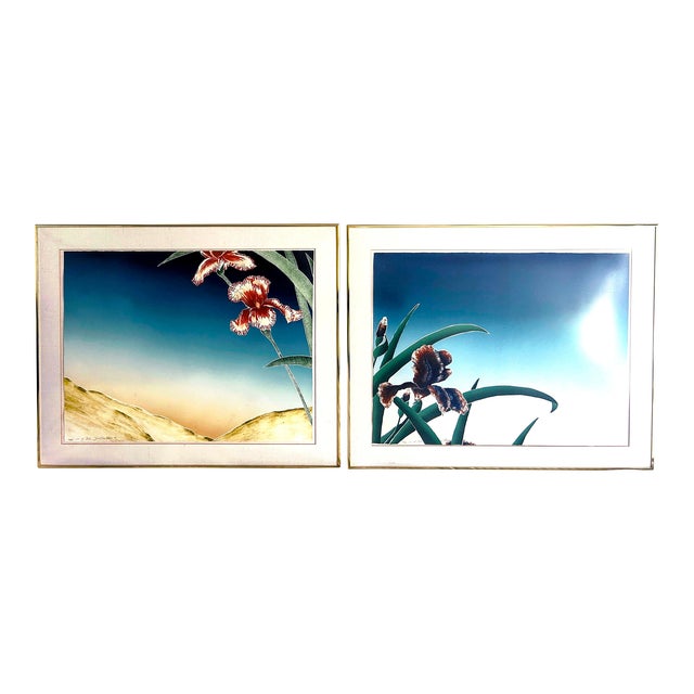 1980s Original Signed “Iris at Daybreak” and “Iris at Dusk” Framed Woodcut Silkscreens by D. Goldstein, a Pair For Sale