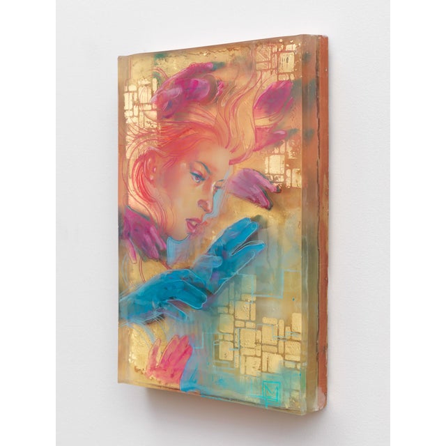 Whelming Over features a figure enveloped in vibrant hues of pink and teal, surrounded by abstract, gestural hands that...