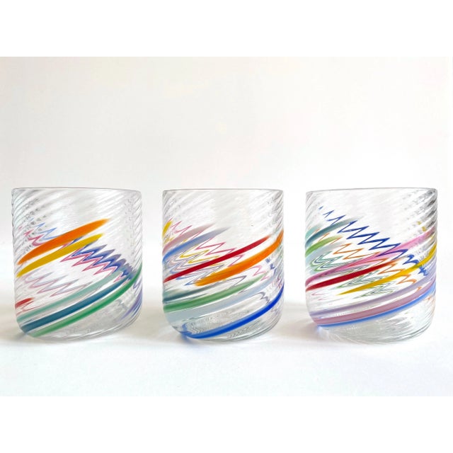 Pink Vintage 1980s Post Modern Hand Blown Studio Art Glass Multicolor Abstract Swirl Glasses - Set of 6 For Sale - Image 8 of 13