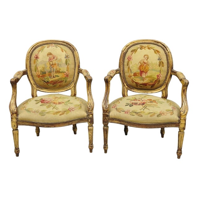 Antique French Louis XVI Style Aubusson Tapestry Fauteuil Arm Chairs - A Pair For Sale