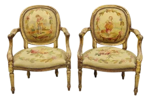 Antique French Louis XVI Style Aubusson Tapestry Fauteuil Arm Chairs - A Pair