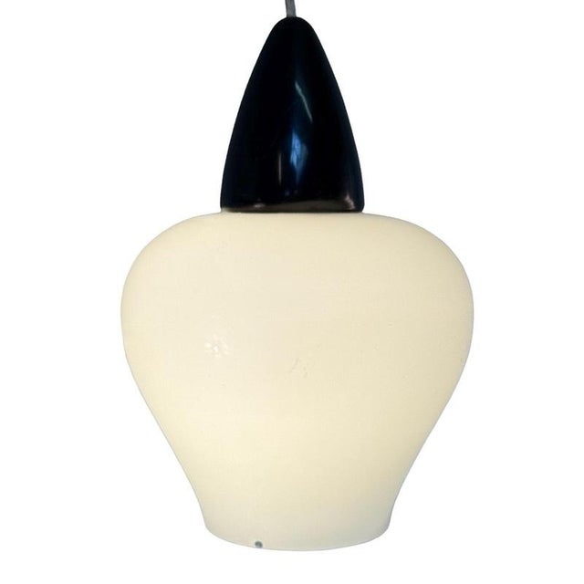 Vintage MCM Pendant Light in Semi Translucent White Glass and Red Top by Louis Kalff, 1950s For Sale - Image 6 of 9
