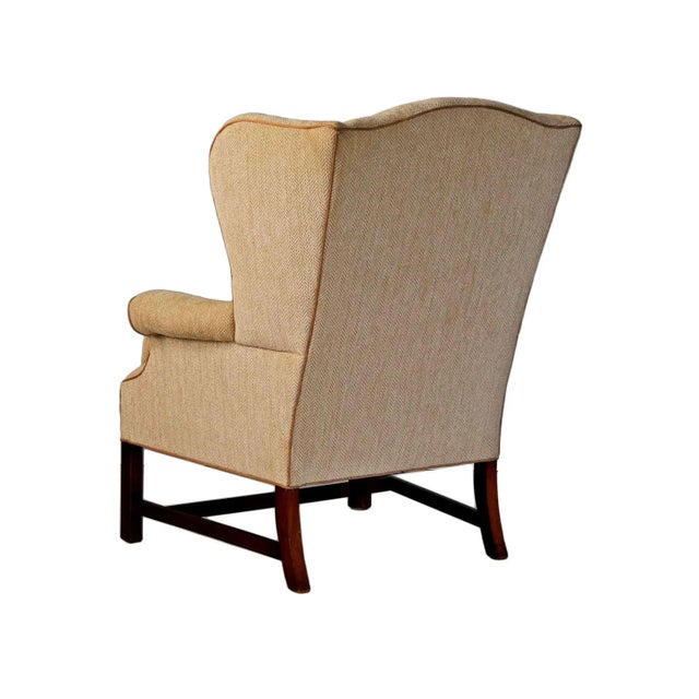 Wood Wingback Armchair With Custom Herringbone Upholstery For Sale - Image 7 of 8