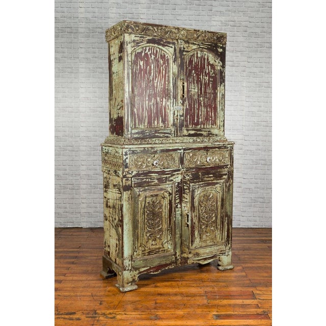 Rustic Indian Rustic Painted Wood Cabinet with Carved Foliage & Distressed Patina For Sale - Image 3 of 12