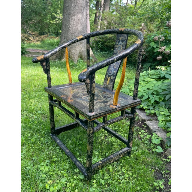 Wood Mid 20th Century Chinese Black Decorated Ming Horseshoe Back Chair For Sale - Image 7 of 13