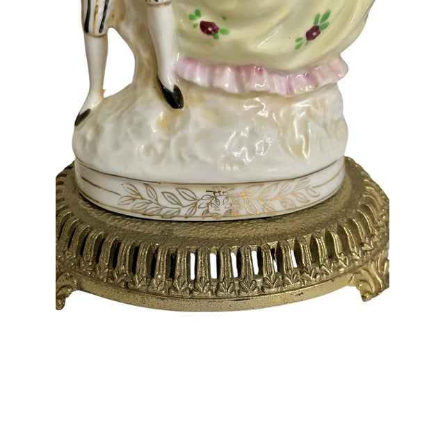 Ceramic Vintage French Porcelain Courting Couple Boudoir Table Lamps With Ormolu Bases – Rococo Style - a Pair For Sale - Image 7 of 16