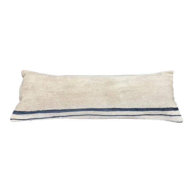 Turkish Hemp Pillow Cushion Natural Beige Blue Cushion Cover 14"x40" For Sale