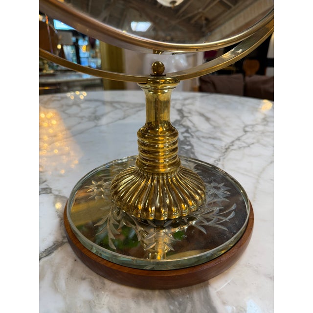 Vintage Brass Vanity Mirror With Etched Glass Base and Wood Trim For Sale - Image 4 of 10