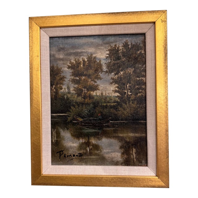 19th Century French Oil on Canvas Man in Boat For Sale