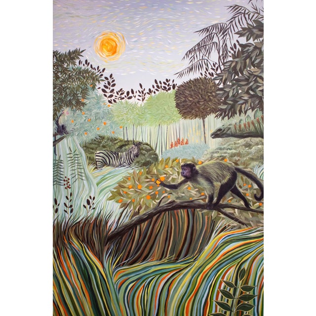Early 21st Century Reaching For the Sun by Andrada Trapnell | Oil on board Monkeys in a lush landscape under the sun For Sale - Image 5 of 5